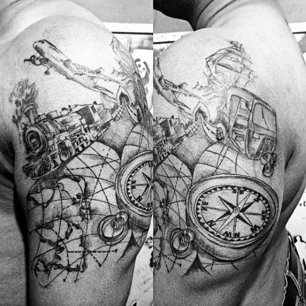 Travel Themed Mens Uper Arm Tattoo Design With Train Map Compass And Airplane