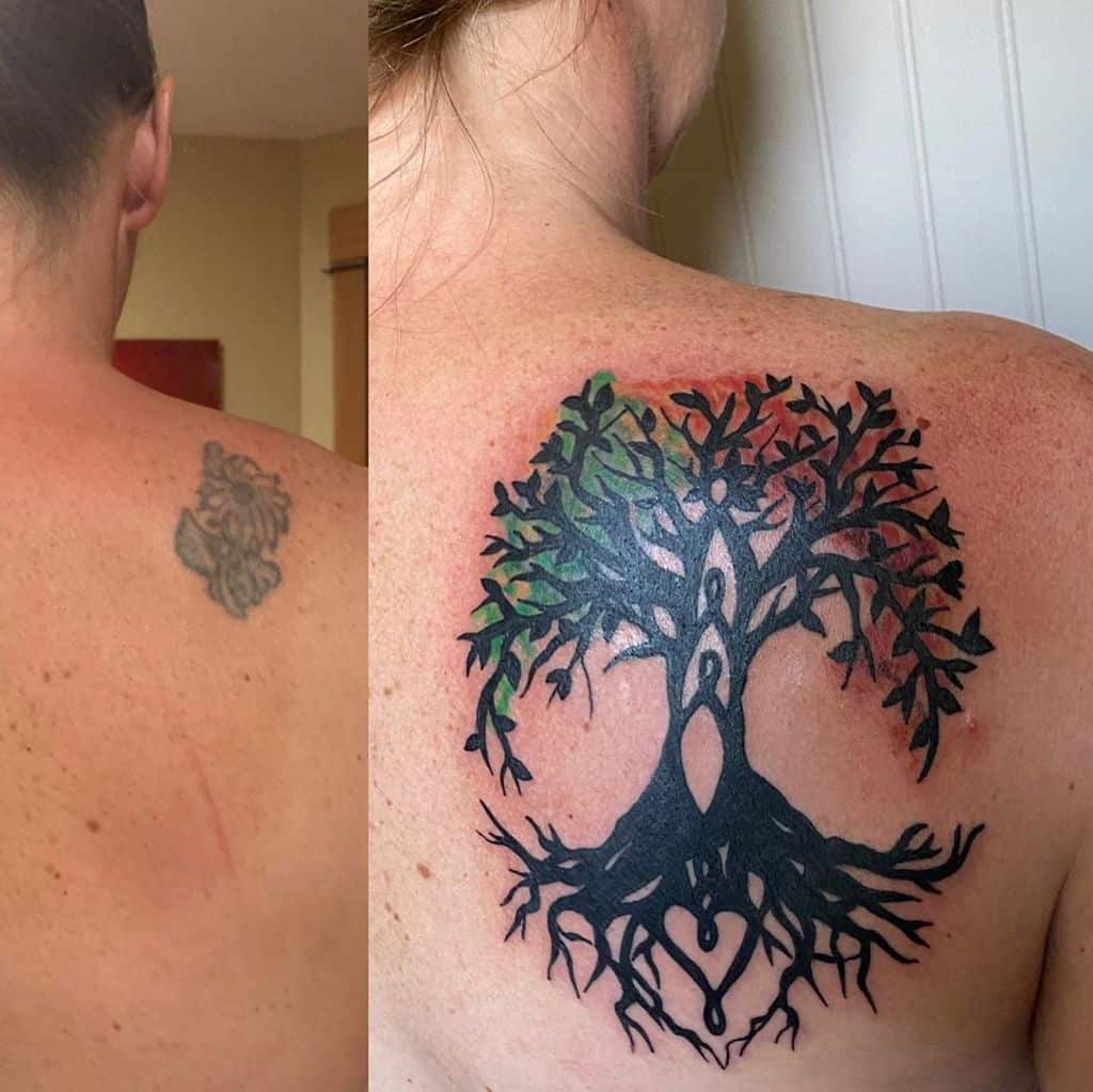 Transformation tattoo of a vibrant tree of life with intertwined roots and branches, symbolizing renewal and personal growth