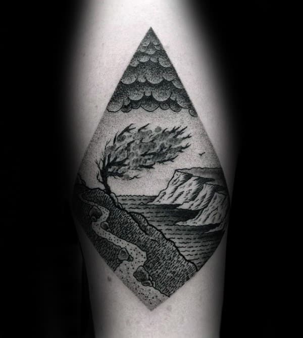 Tree Blowing In The Mind Landscape Diamond Male Tattoo Designs
