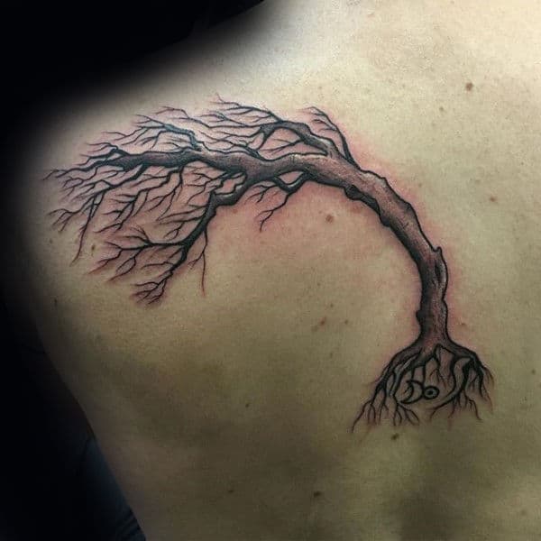 Tree Blowing In The Wind Back Tattoo For Guys