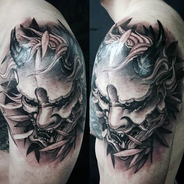 Tree Branch Mens Hannya Mask Shaded Upper Arm Tattoo
