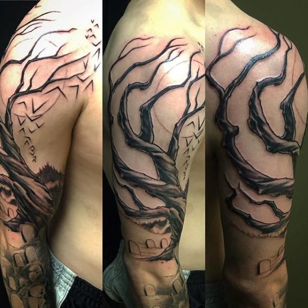 Tree Branches Graveyard Mens Half Sleeve Tattoos