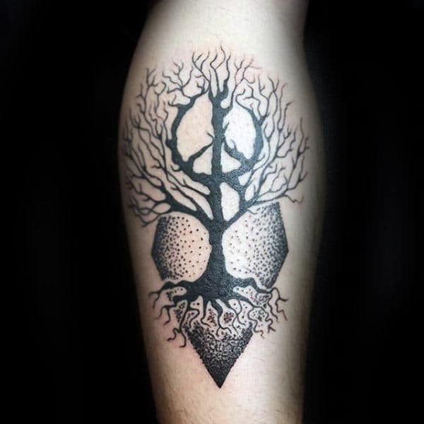 Tree Branches Peace Sign Guys Leg Calf Tattoo