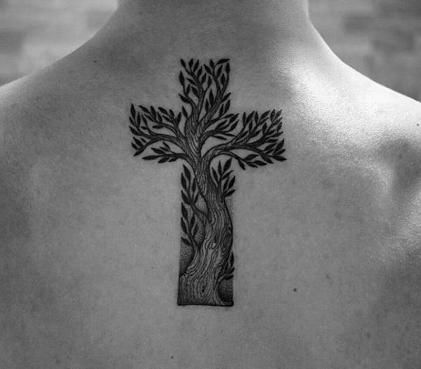 Tree Cross Simple Christian Male Upper Back Tattoos