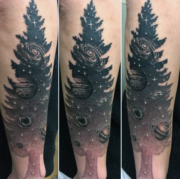 Tree Extending Into Cosmos Tattoo On Forearms For Men