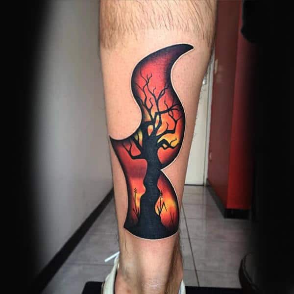 Tree Fire Mens 3d Leg Tattoo Designs