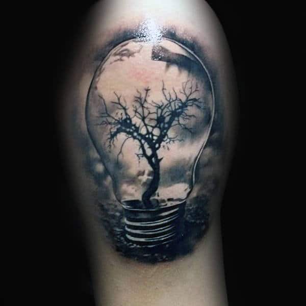 Tree Growing Inside Glass Light Bulb Mens Upper Arm Tattoo