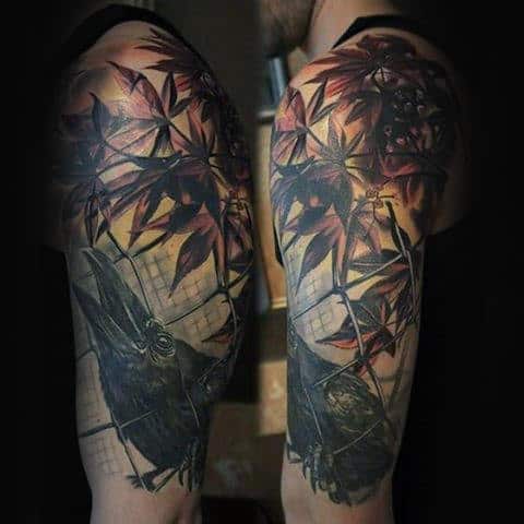 Tree Leaves Fence Mens Crow Half Sleeve Tattoos