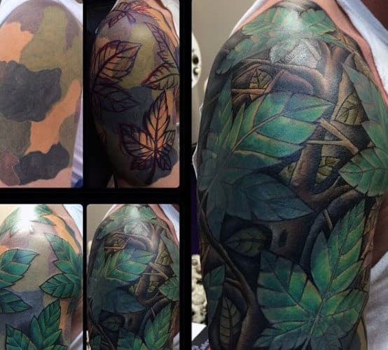 Tree Leaves Half Sleeve Mens Camouflage Tattoo Ideas