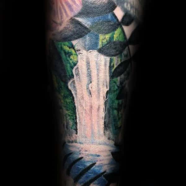 Tree Leaves Waterfall Mens Sleeve Arm Tattoos
