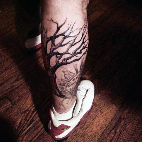 Tree Leg Calf Tombstone Tattoos For Men In Black Ink