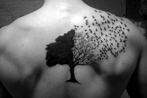 Tree Of Life Birds Flying Mens Black Ink Upper Back Tattoo Design Inspiration