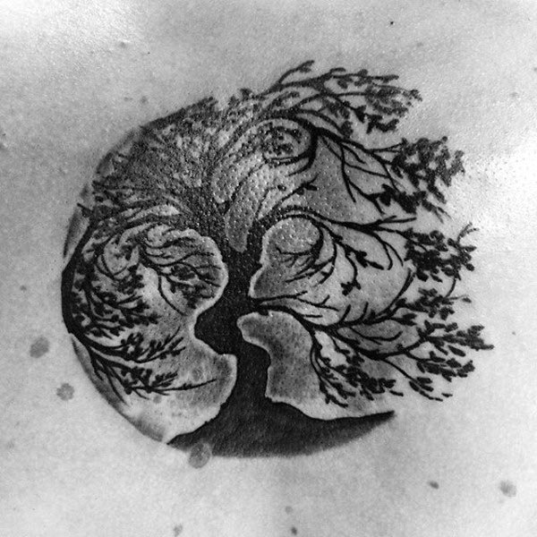 Tree Of Life Blowing In The Wind Shaded Mens Chest Tattoos