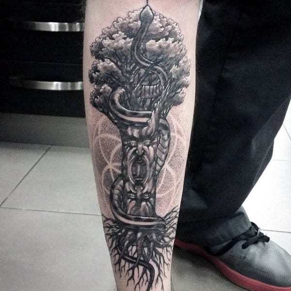 Tree Of Life Guys Shin Tattoo With Snakes