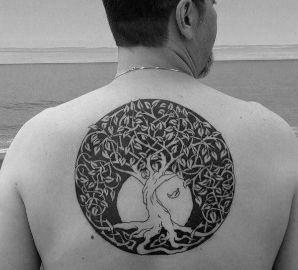 Tree Of Life Knots Male Moon Upper Back Tattoo Design Ideas With Black Ink