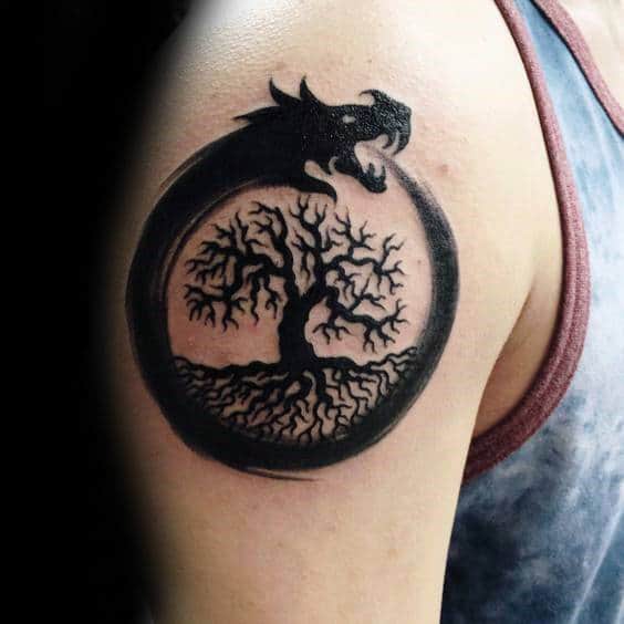Tree Of Life Watercolor Ouroboros Male Upper Arm Tattoos