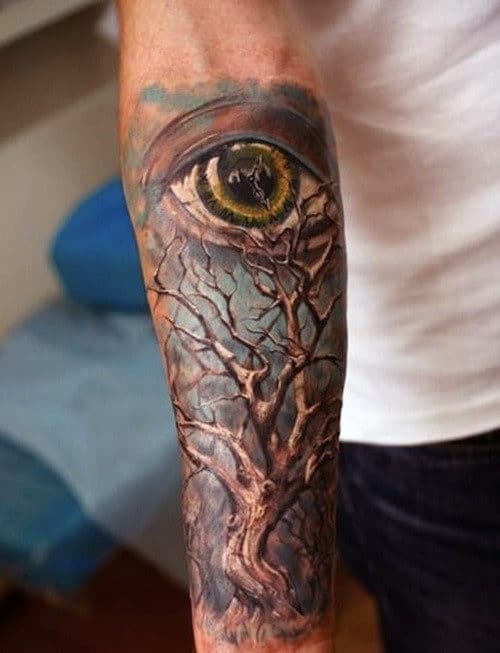 Tree Of Live Forearm Tattoo Sleeve For Guys With All Seeing Eye Watercolor Style