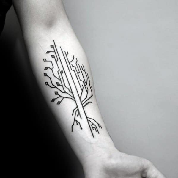 Tree Simple Line Branches Mens Inner Forearm Tattoo