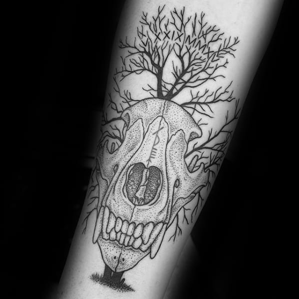 Tree With Bear Skull Guys Inner Forearm Tattoo