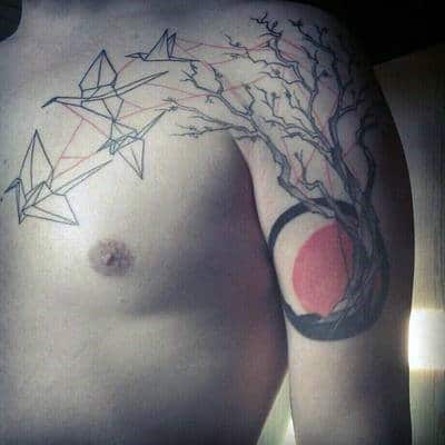 Tree With Flying Birds Origami Arm And Chest Tattoos For Men