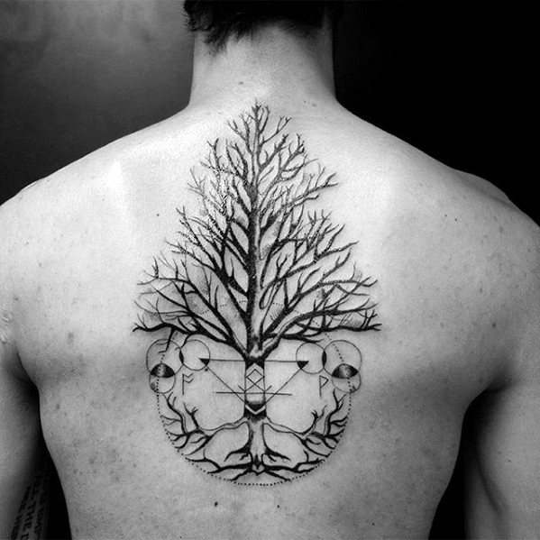 Tree With Geometric Design Unique Back Tattoo Ideas For Guys