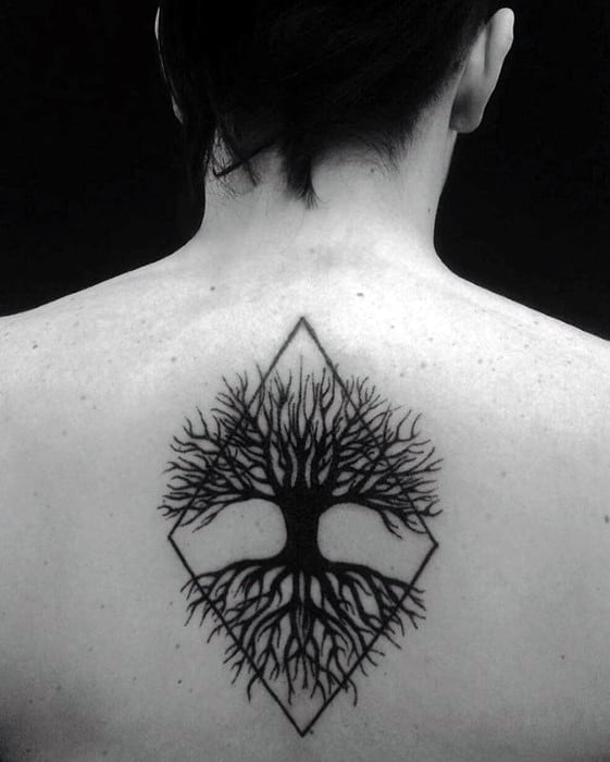 Tree With Geometric Shape Guys Black Ink Unique Back Tattoo