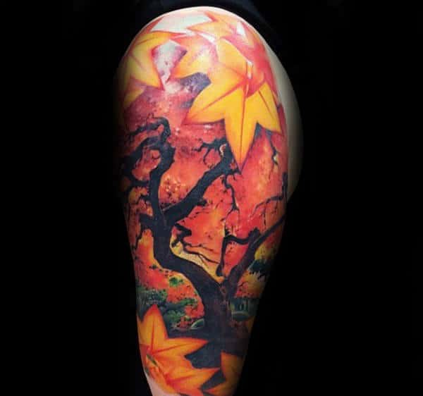 Tree With Leaves Male Fall Themed Half Sleeve Tattoo Design Ideas
