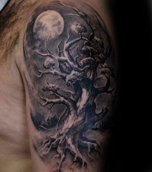 Tree With Moon Mens Realistic Arm Tattoos