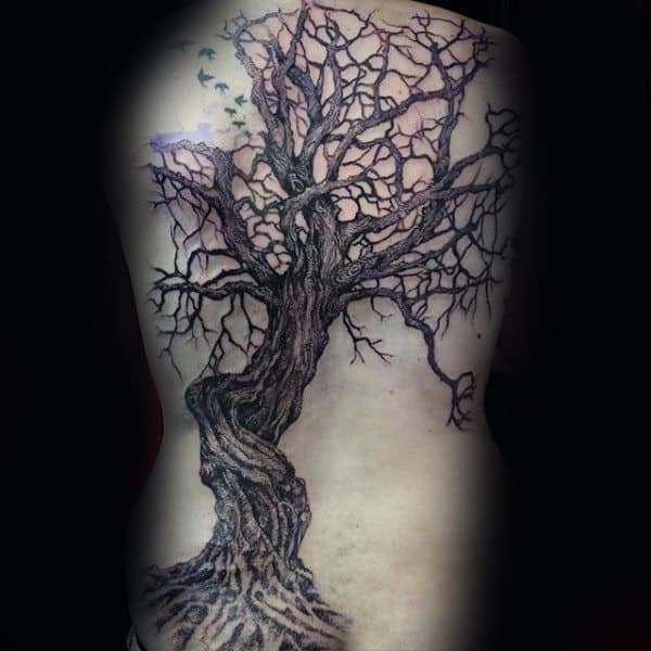 Tree With Small Flying Birds Male Full Back Tattoo