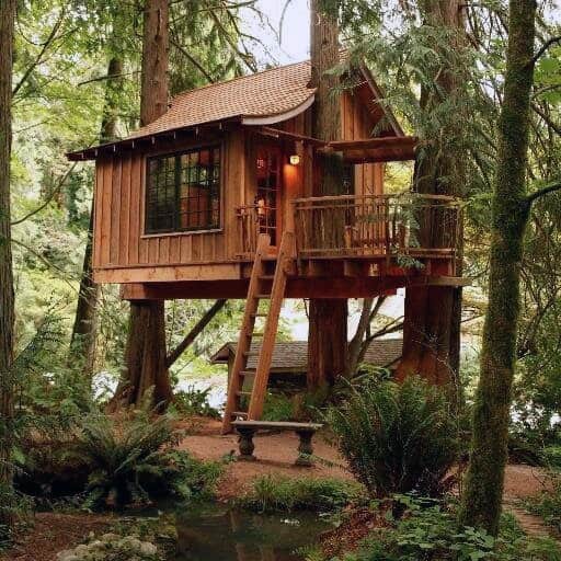 Rustic treehouse nestled among lush greenery with a wooden ladder and soft lighting