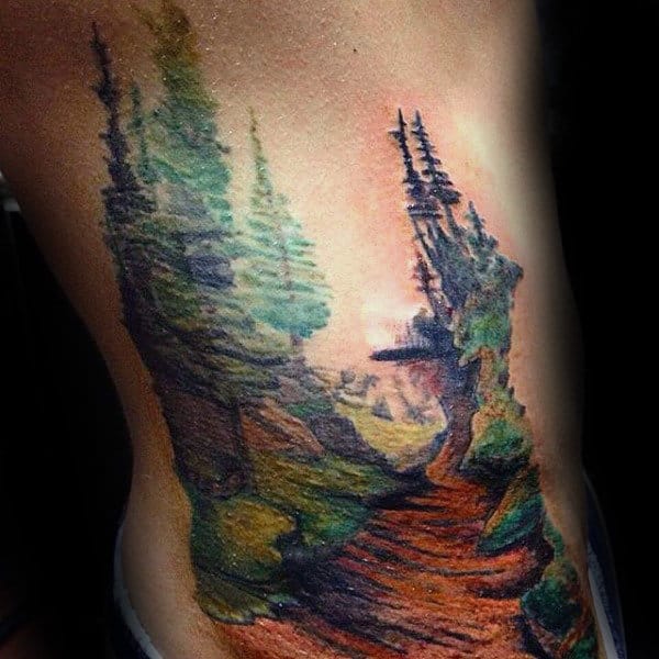 Trees Landscape Ribs Tattoo For Males