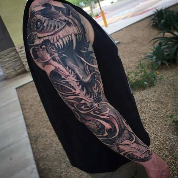 Trex Dinosaur Mens Unbelievable Full Arm Sleeve Tattoo