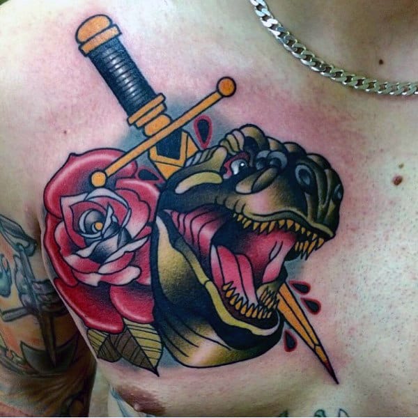 Trex With Dagger And Rose Modern Upper Chest Mens Tattoos