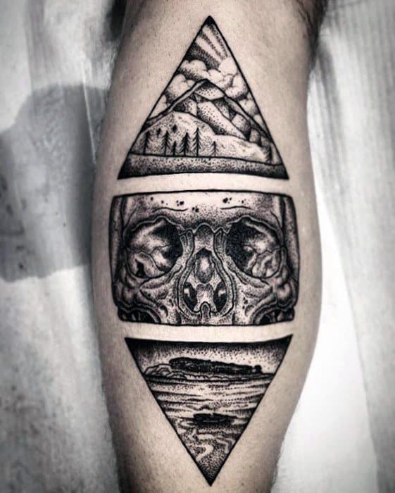 Triangels Mens Unique Skull Back Of Leg Tattoo Designs