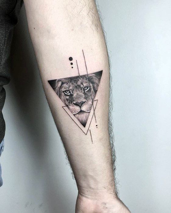 Triangle Lion Inner Forearm Small Detailed Guys Tattoos