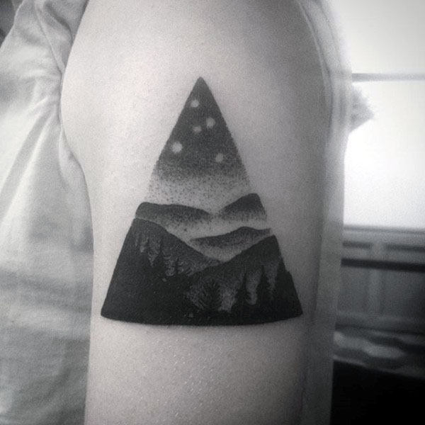 Triangle Nature Landscape Mens Pointillism Upper Arm Tattoo