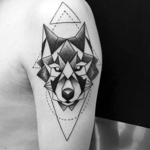 Triangle Shaded Black Ink Geometric Wolf Guys Tattoos On Upper Arm