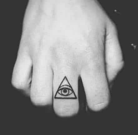 Small minimalist tattoo of an all-seeing eye inside a triangle, inked in black on the middle finger.