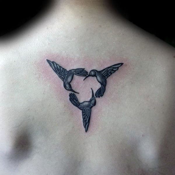 Triangle Three Hummingbirds Mens Upper Back Tattoo