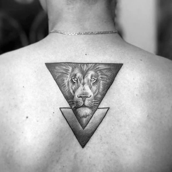 Triangle Upper Back Geometric Lion Male Tattoo Designs