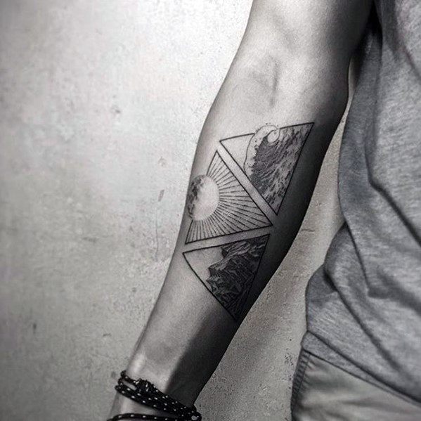 Triangles Ocean With Sun Guys Small Forearm Tattoo