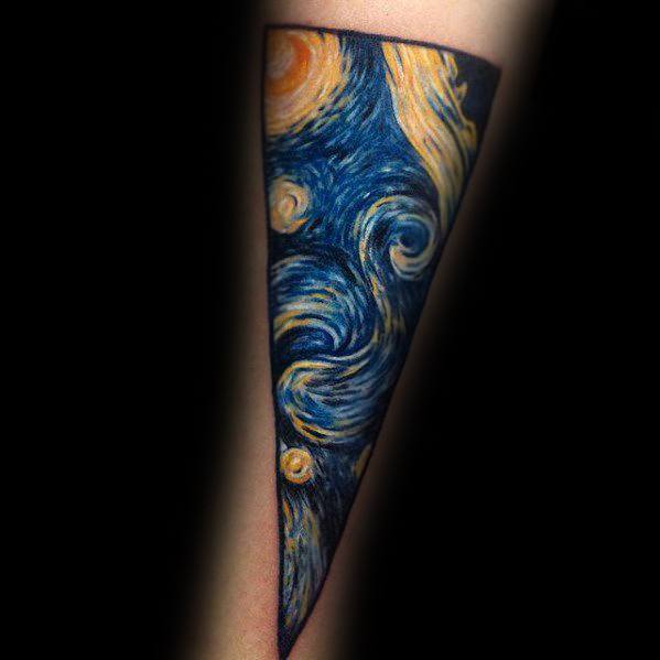 Triangular Vincent Van Gogh Stary Night Tattoo Design On Mans Forearm