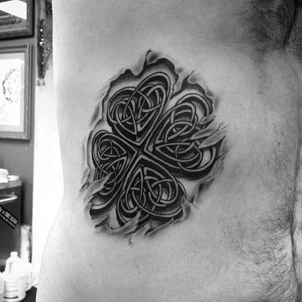 Tribal 4 Leaf Clover Tattoos For Men On Rib Cage Side