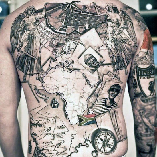 Detailed black and white back tattoo with map, statues, and various personal elements