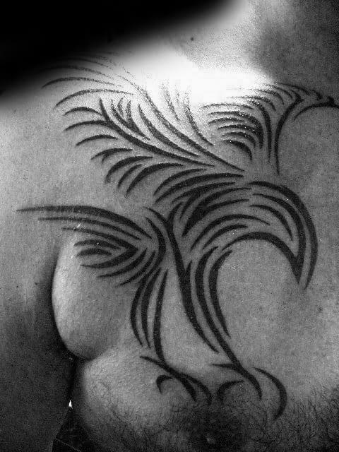 Tribal Bird Mens Black Ink Lines Chest Tattoo