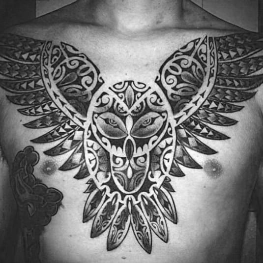 Tribal Bird Owl Mens Polynesian Chest Tattoos