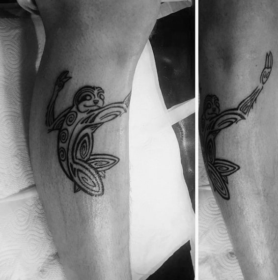 Tribal Black Ink Sloth Tattoos For Male On Lower Legs