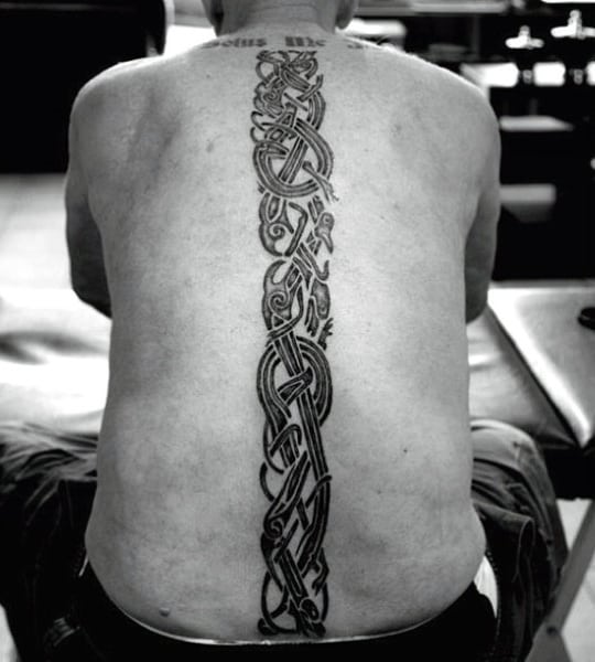 Tribal Blackwork Mens Spine Tattoos