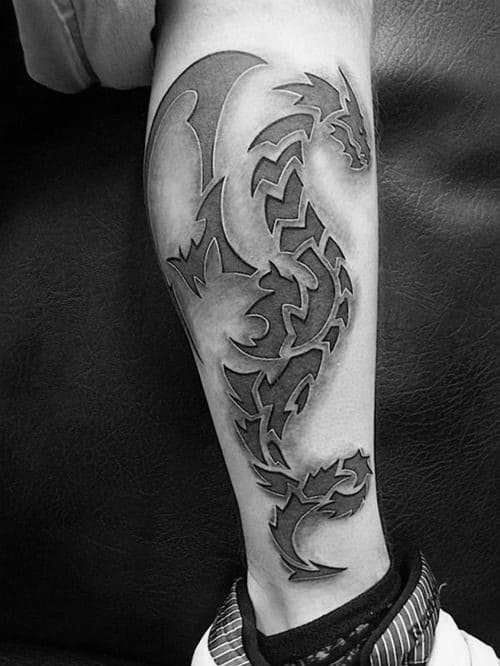 Tribal Dragon 3d Guys Side Of Leg Tattoo Ideas