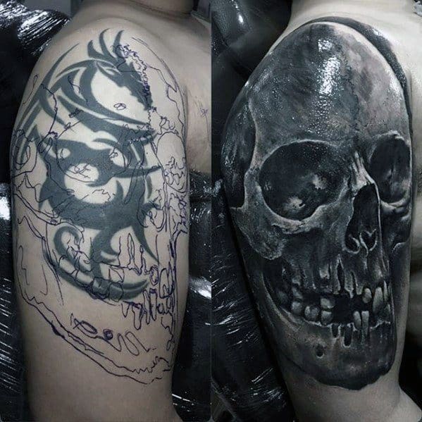 Tribal Dragon To Skull Before And After Mens Arm Cover Up Tattoos
